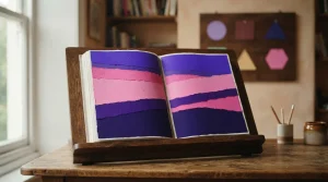 Aufgeschlagenes Nachschlagebuch neben einer Tafel mit abstrakt aufgeteilten Wettarten